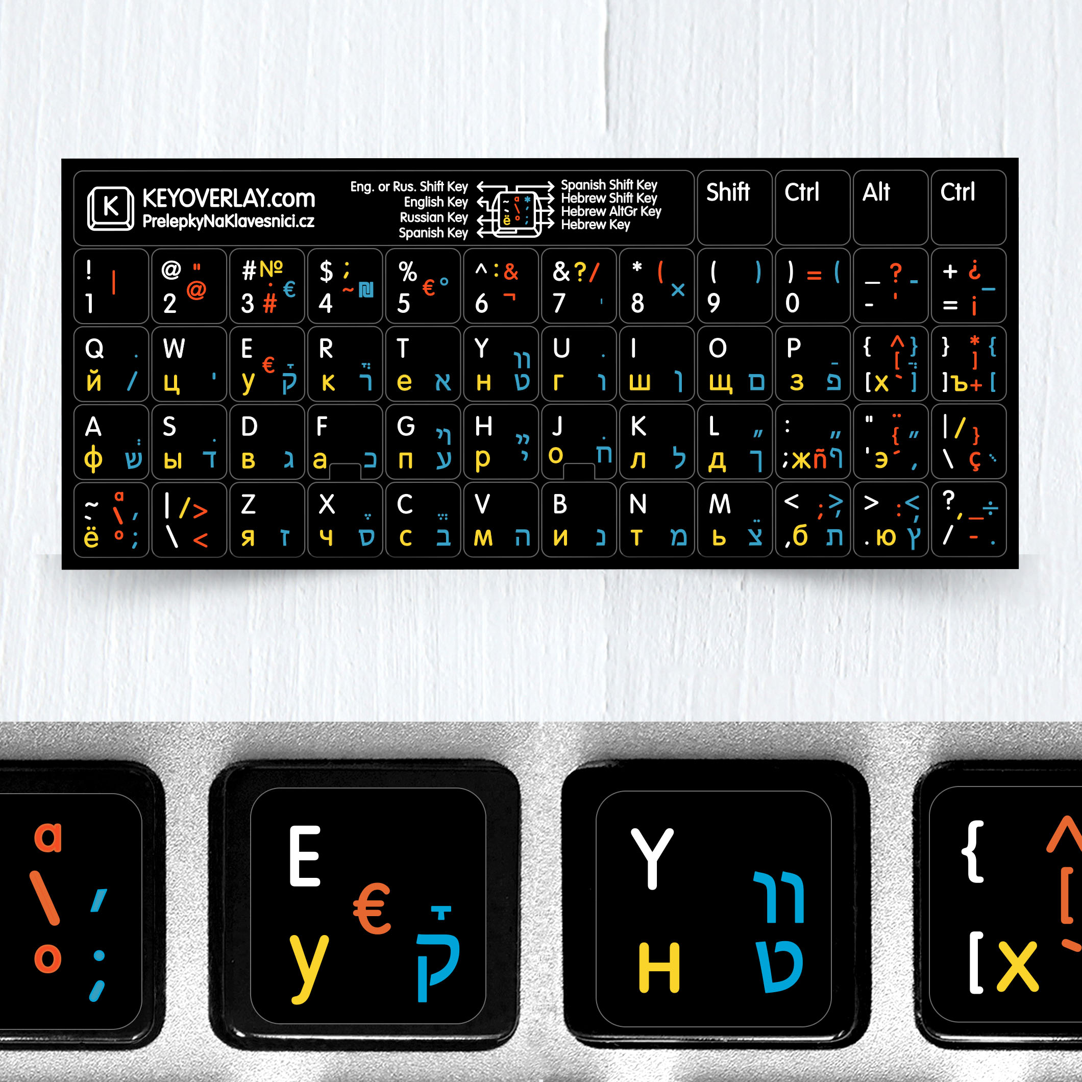 Hebrew + Russian + Spanish & English Stickers for Black Keyboard
